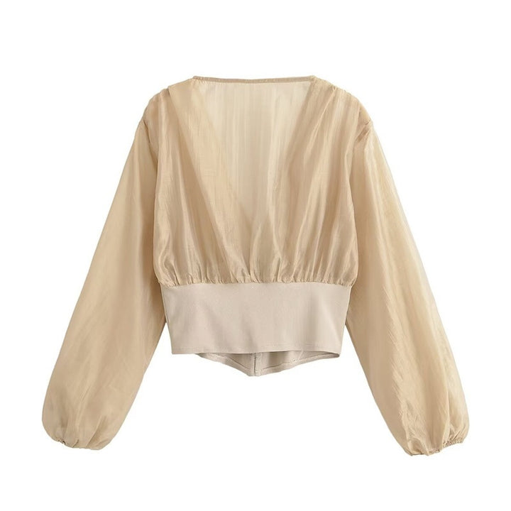 Women's Cropped Chiffon Blouse with Deep V-Neck and Tailored Corset Waist Mune Fashion