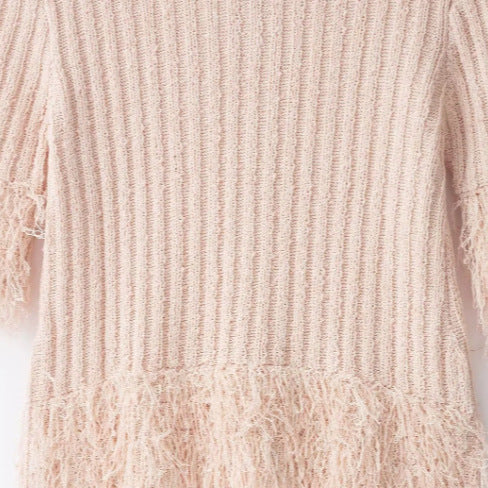 Women's Short Sleeve Boucle Cardigan with Textured Knit, Fringe Trim and Covered Buttons Mune Fashion