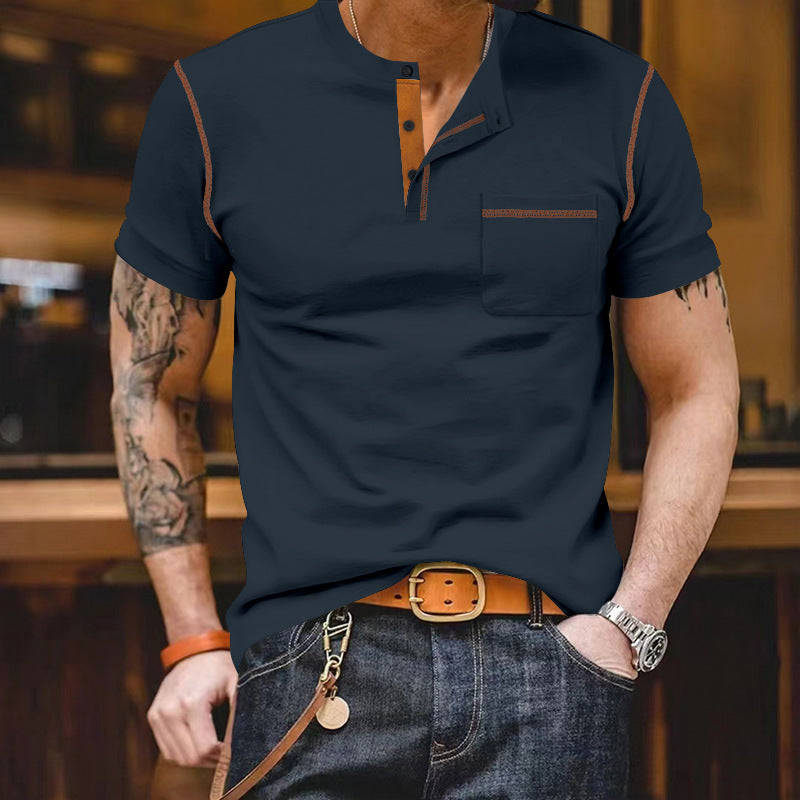Men's short-sleeve shirt with stand-up collar, half-button placket, and chest pocket Mune Fashion