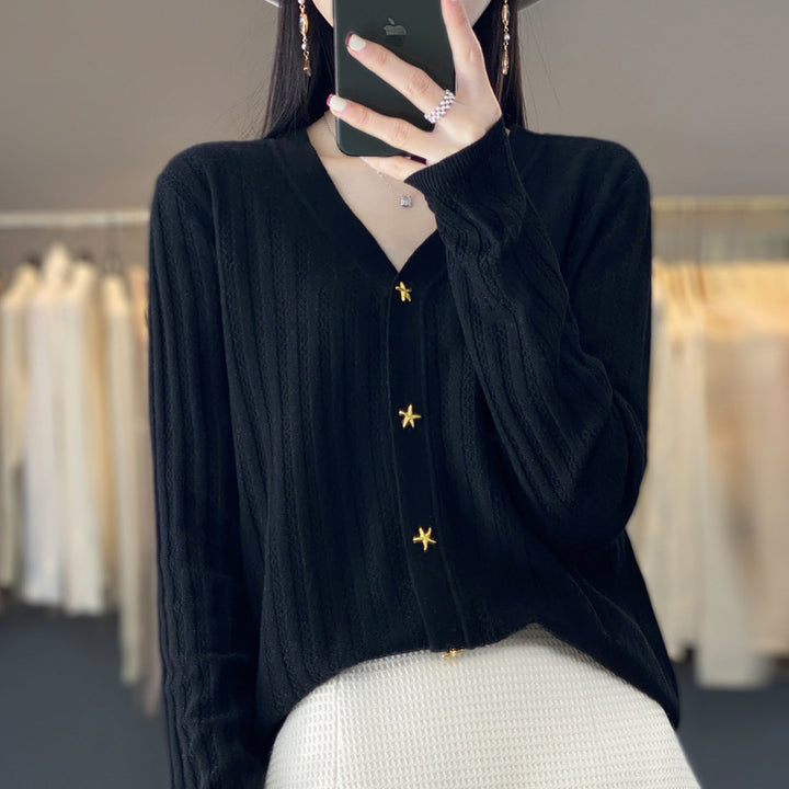 Women Lightweight V-Neck Cardigan with Textured Vertical Stripes and Star Buttons Mune Fashion