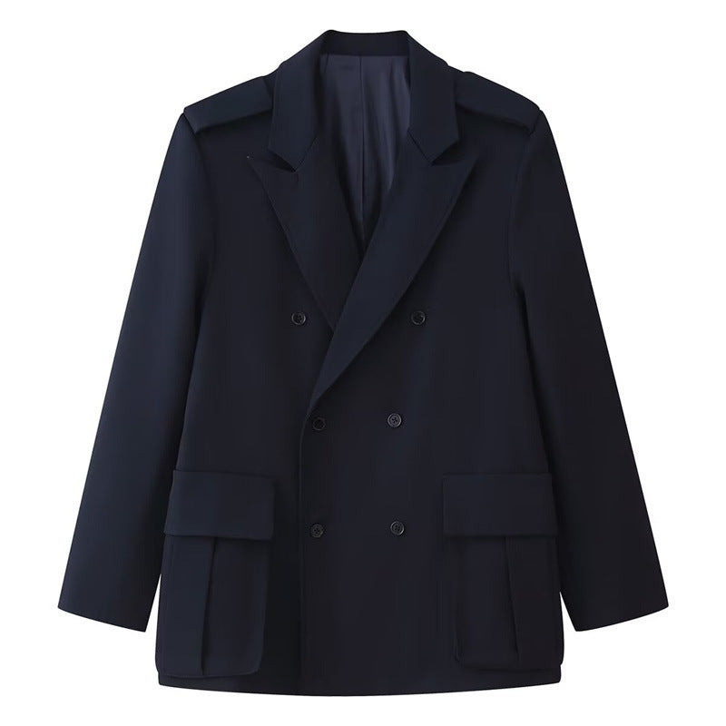 Women Double-breasted Field Blazer with large flap pockets and shoulder epaulets Mune Fashion