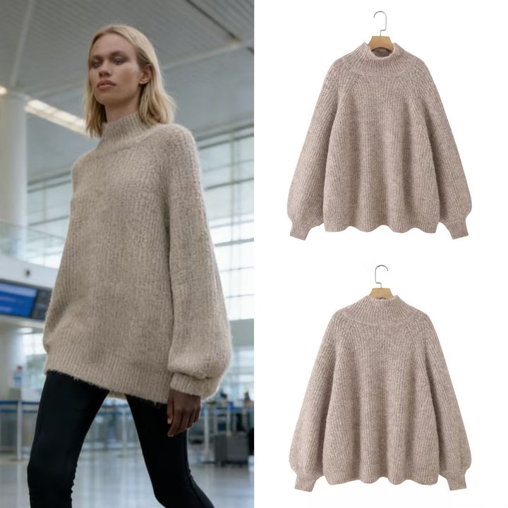 Women Oversize Mohair-Optic Knit Sweater with Stand-Up Collar and Balloon Sleeves Mune Fashion