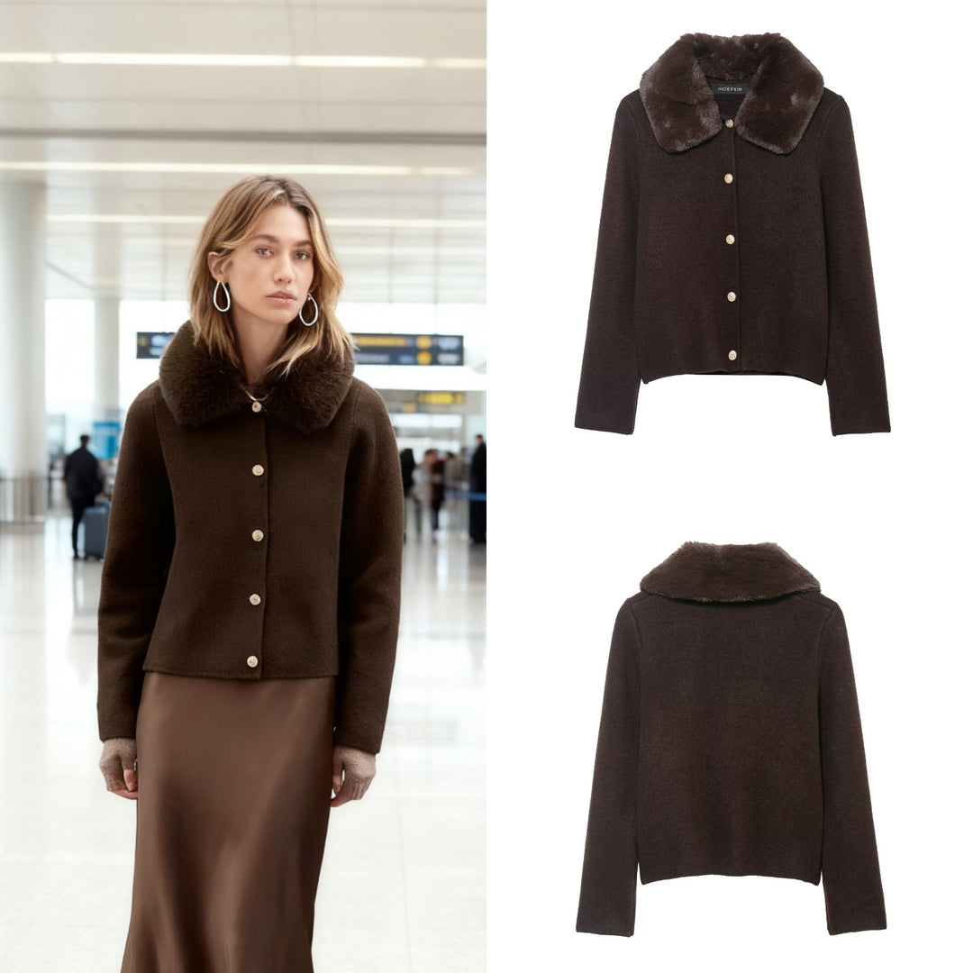 Women Short-Cut Knitted Cardigan with Detachable Faux-Fur Collar Mune Fashion