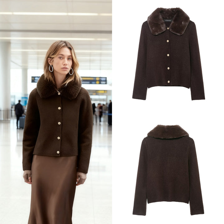 Women Short-Cut Knitted Cardigan with Detachable Faux-Fur Collar Mune Fashion