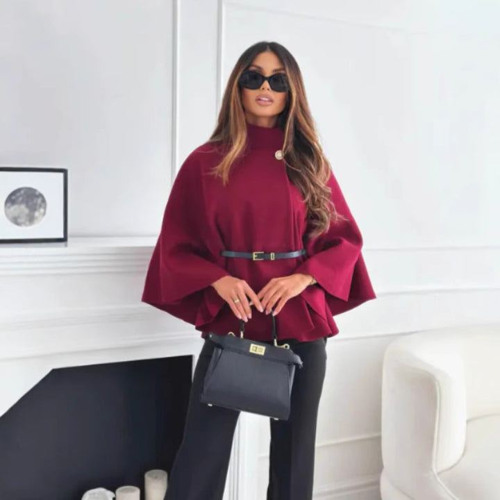Women's Cape Coat with Fitted Leather Belt and Stand Collar Mune Fashion
