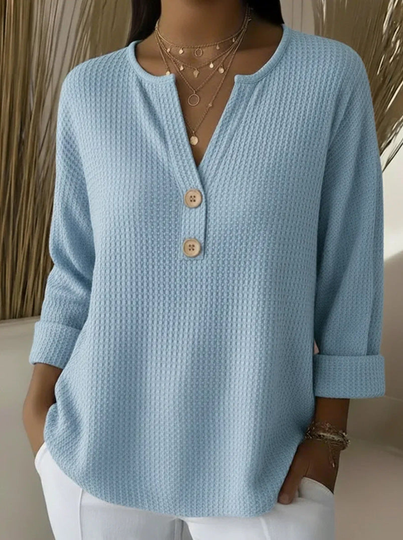 Women's waffle texture Henley shirt with V-neck, short button placket, and roll-up 3/4 sleeves Mune Fashion