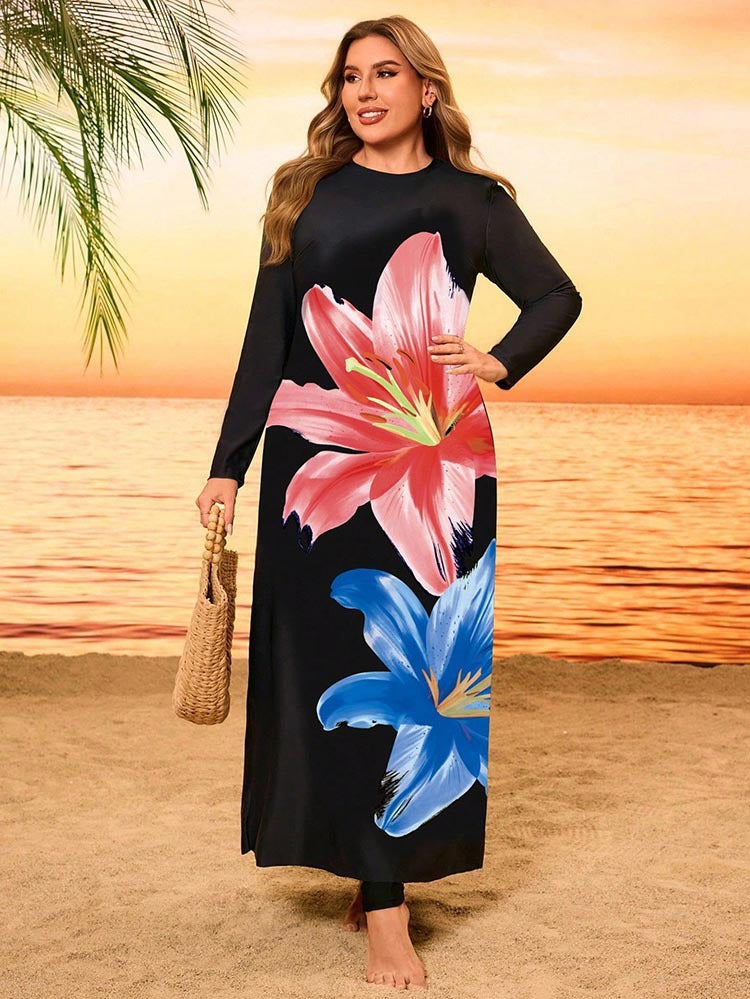 Women Long Sleeve Beach Dress with Floral Print Mune Fashion