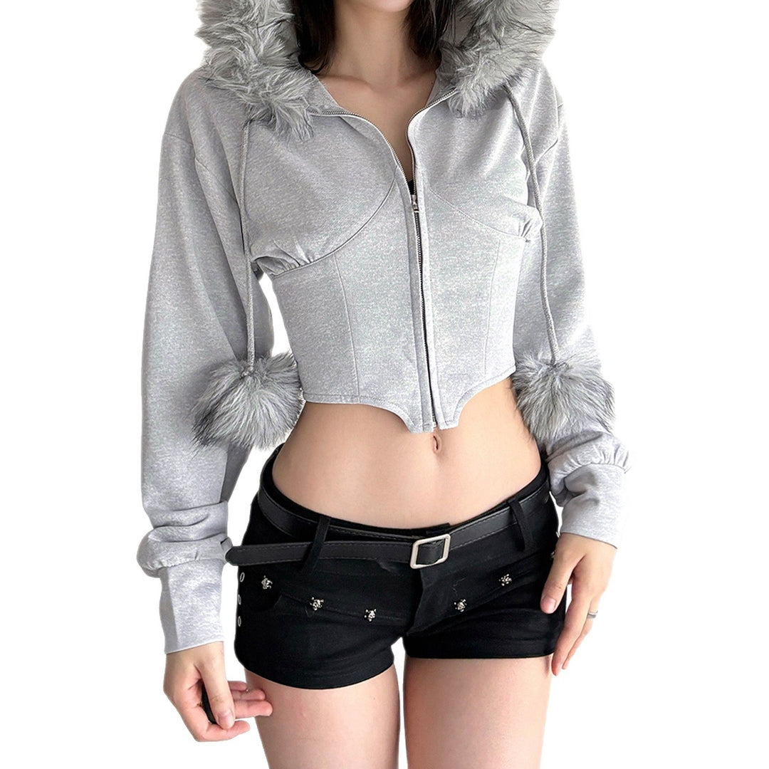 Women's cropped hoodie sweatshirt with faux fur trim, zipper, and pom-pom cords Mune Fashion