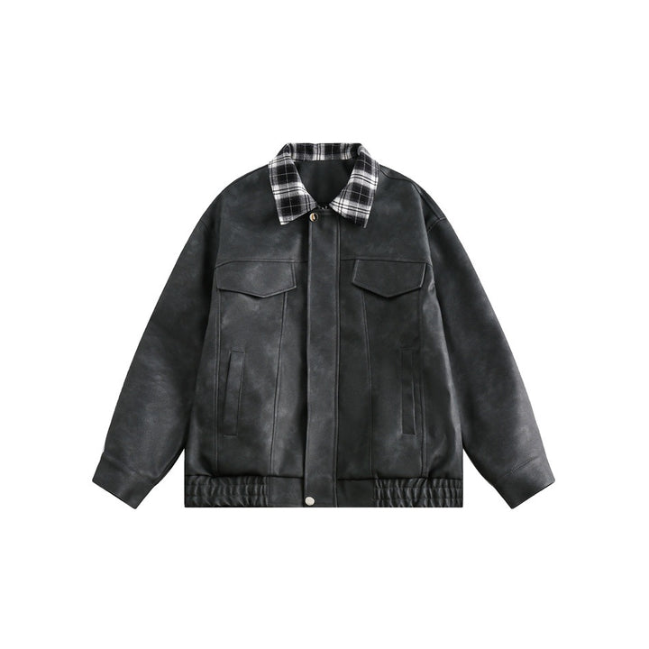Men's Boxy Faux Leather Blouson with Checked Turn-Down Collar and Flap Pockets