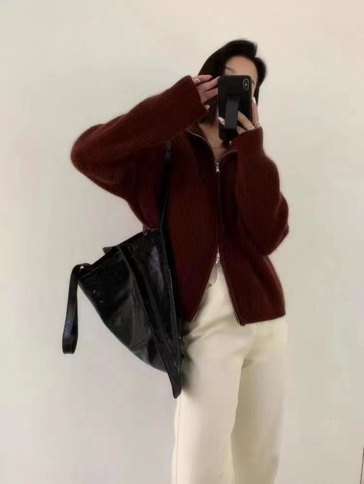 Women's Oversized Cardigan with Zipper, Stand-up Collar and Ribbed Structure Mune Fashion