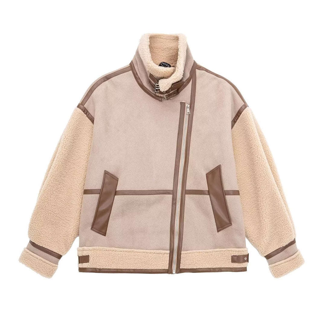 Women's Oversized Flight Jacket with Teddy Lining, Asymmetrical Zip and Faux Leather Details Mune Fashion