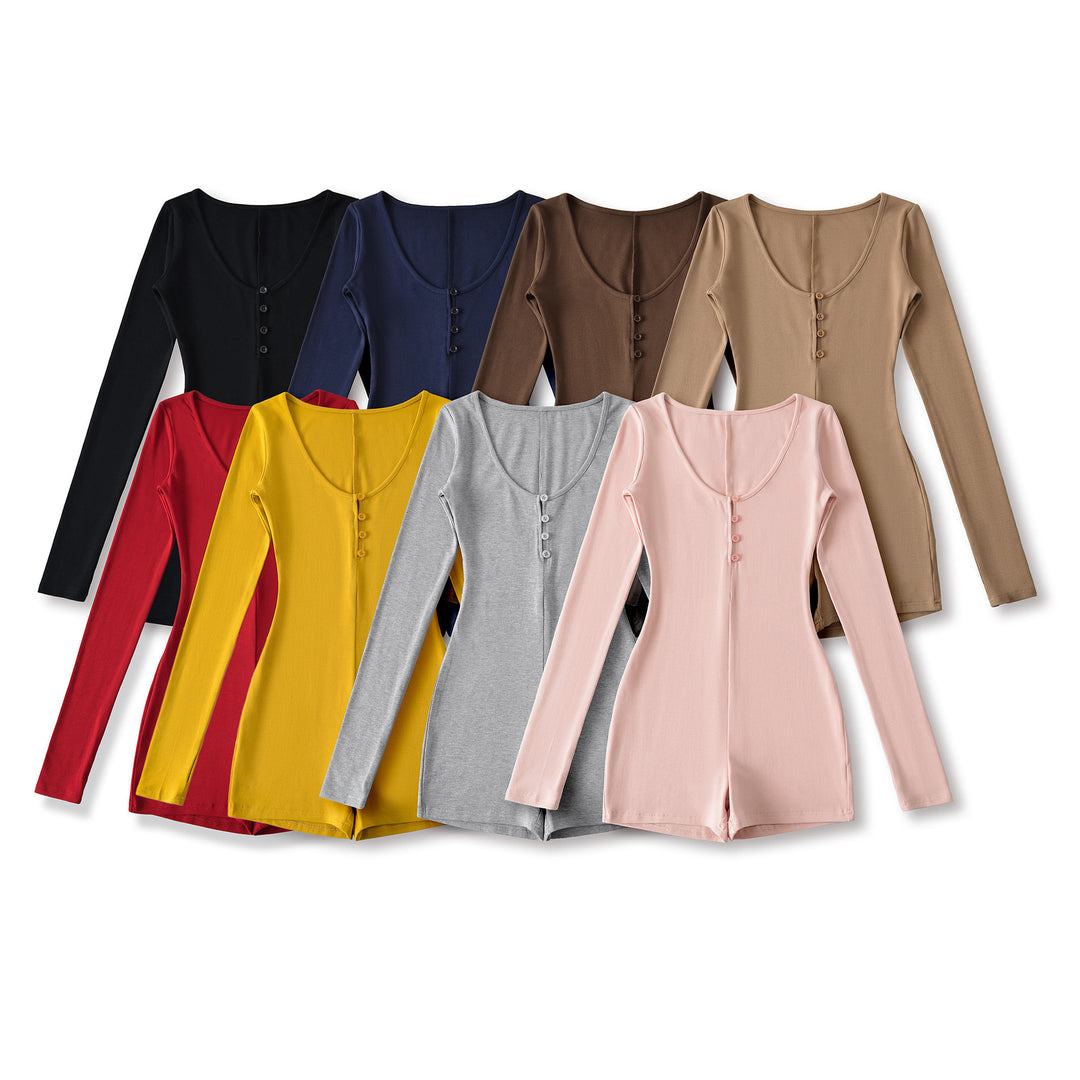 Women Fitted Long Sleeve Bodysuit with Button Placket and Short Shorts Mune Fashion