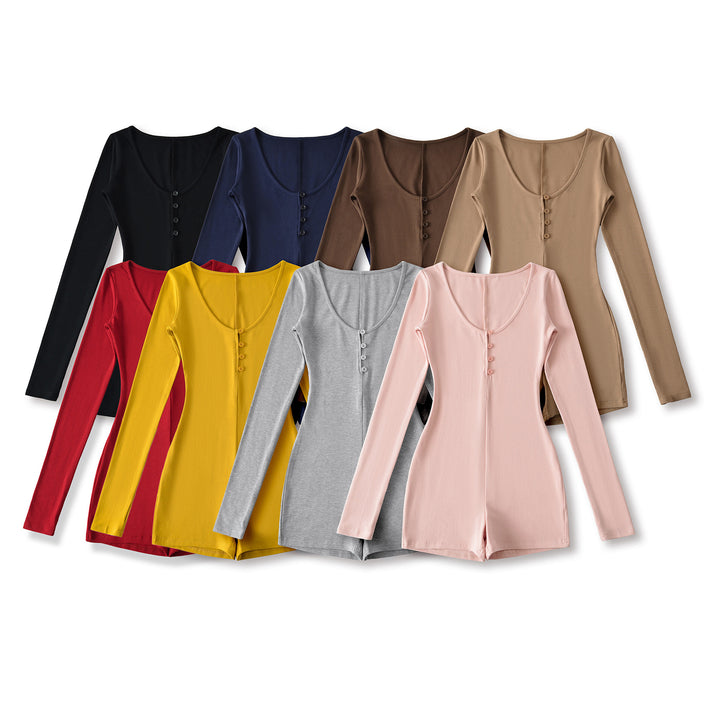Women Fitted Long Sleeve Bodysuit with Button Placket and Short Shorts Mune Fashion