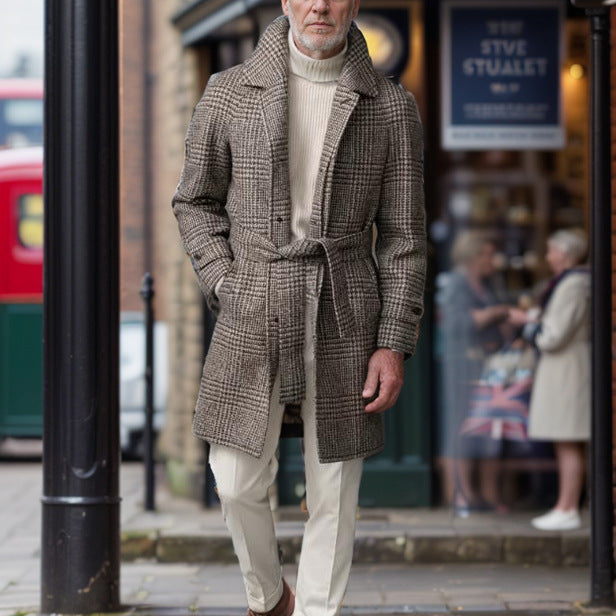Men's Glencheck Wool Coat with Waist Belt and Stand-up Collar Mune Fashion