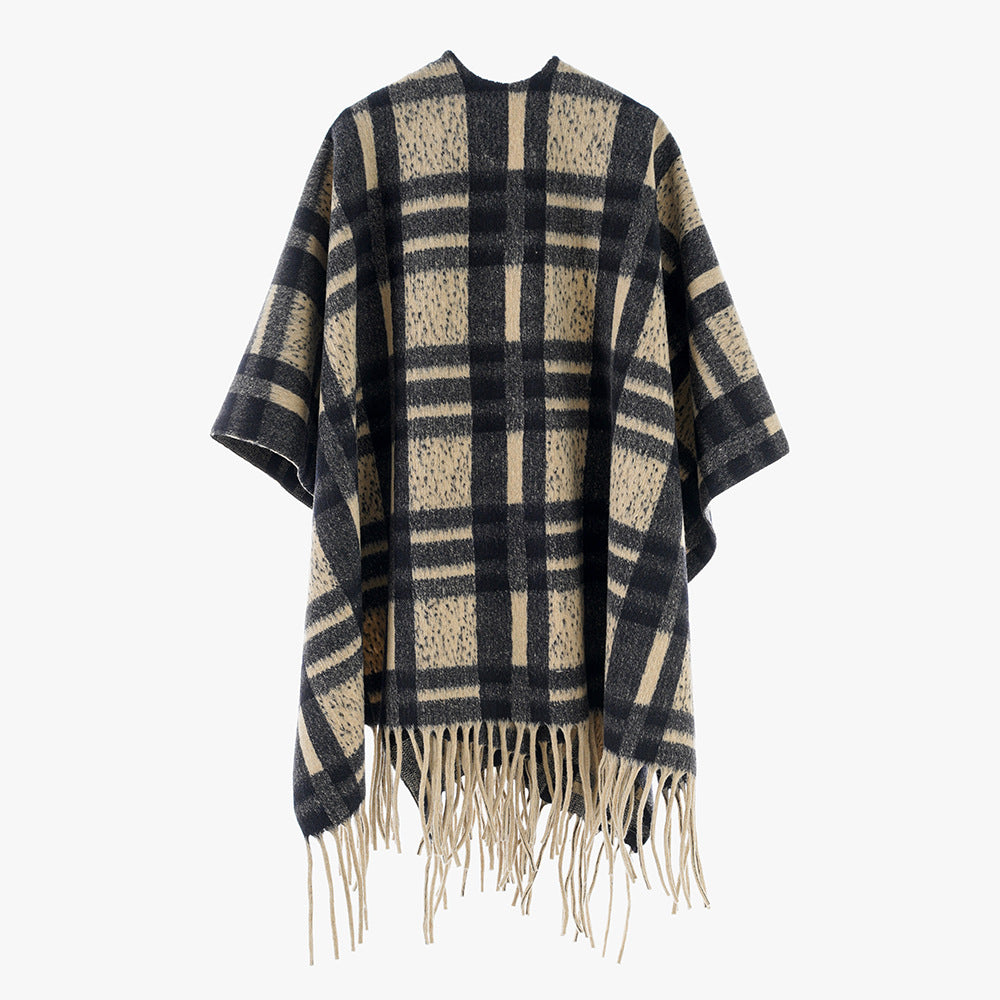Women's Checked Wool Blend Poncho Cape with Fringe Hem and Open Oversized Fit Mune Fashion