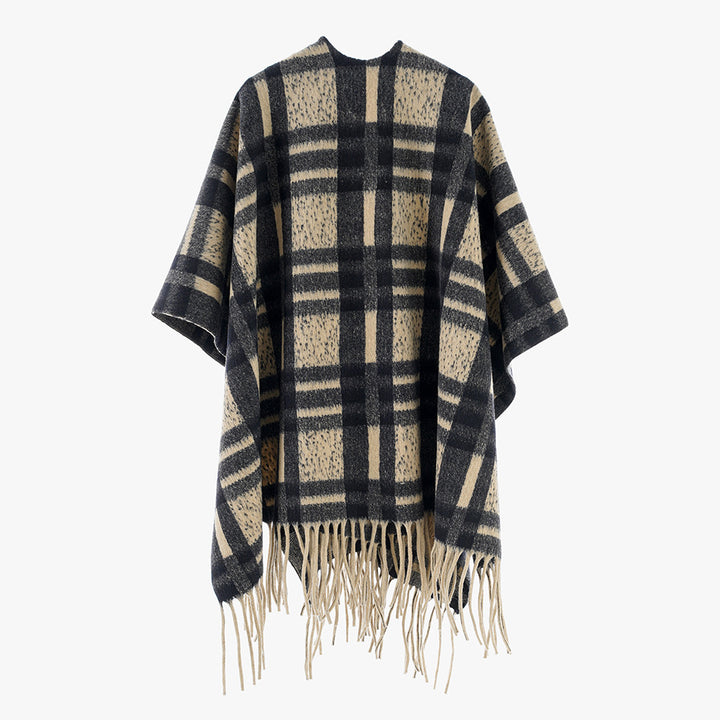 Women's Checked Wool Blend Poncho Cape with Fringe Hem and Open Oversized Fit Mune Fashion
