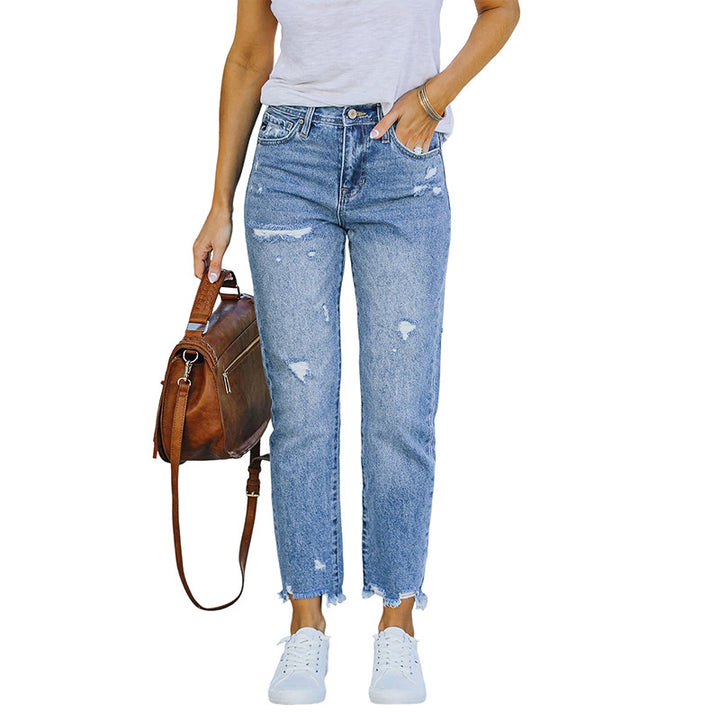 Women's High-Waist Jeans with straight leg, destroyed look and raw hem Mune Fashion