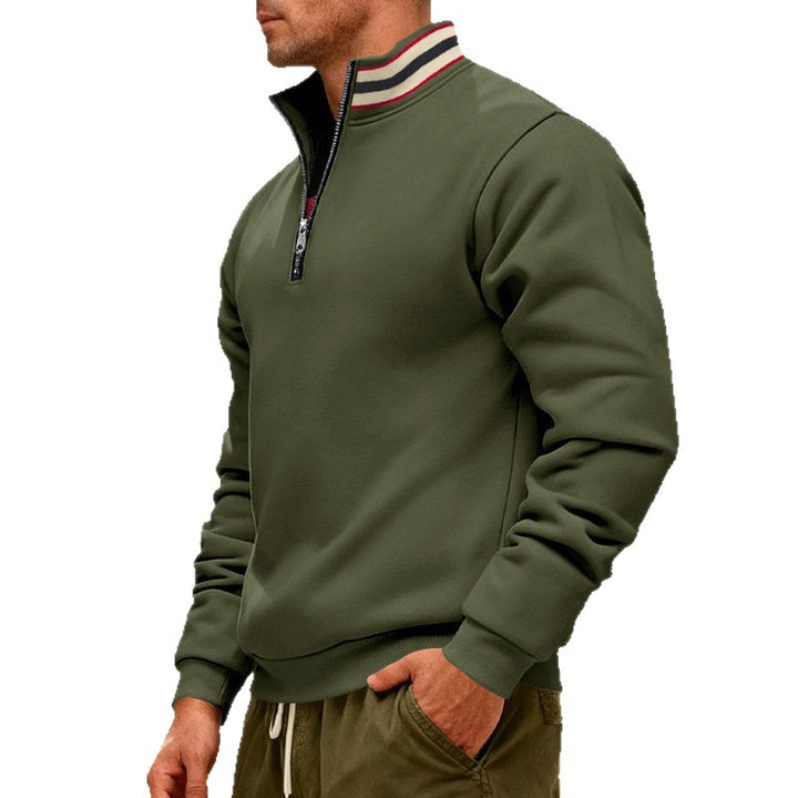 Men's standing collar half-zip sweatshirt made of cotton fleece with contrast stripes on the collar and ribbed cuffs Mune Fashion