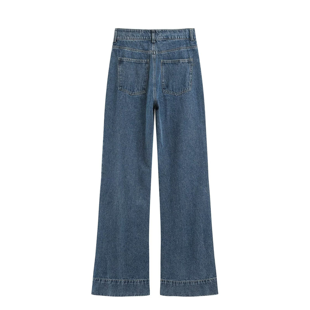 Women High-Waist Flare Jeans with Extra Wide Leg and Decorative Flap Mune Fashion