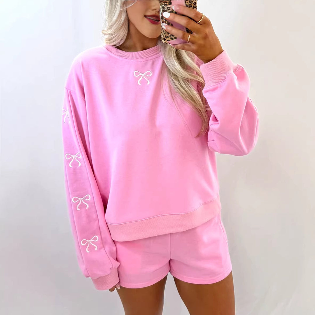 Women's cozy lounge sweat set with shorts and embroidered bows Mune Fashion