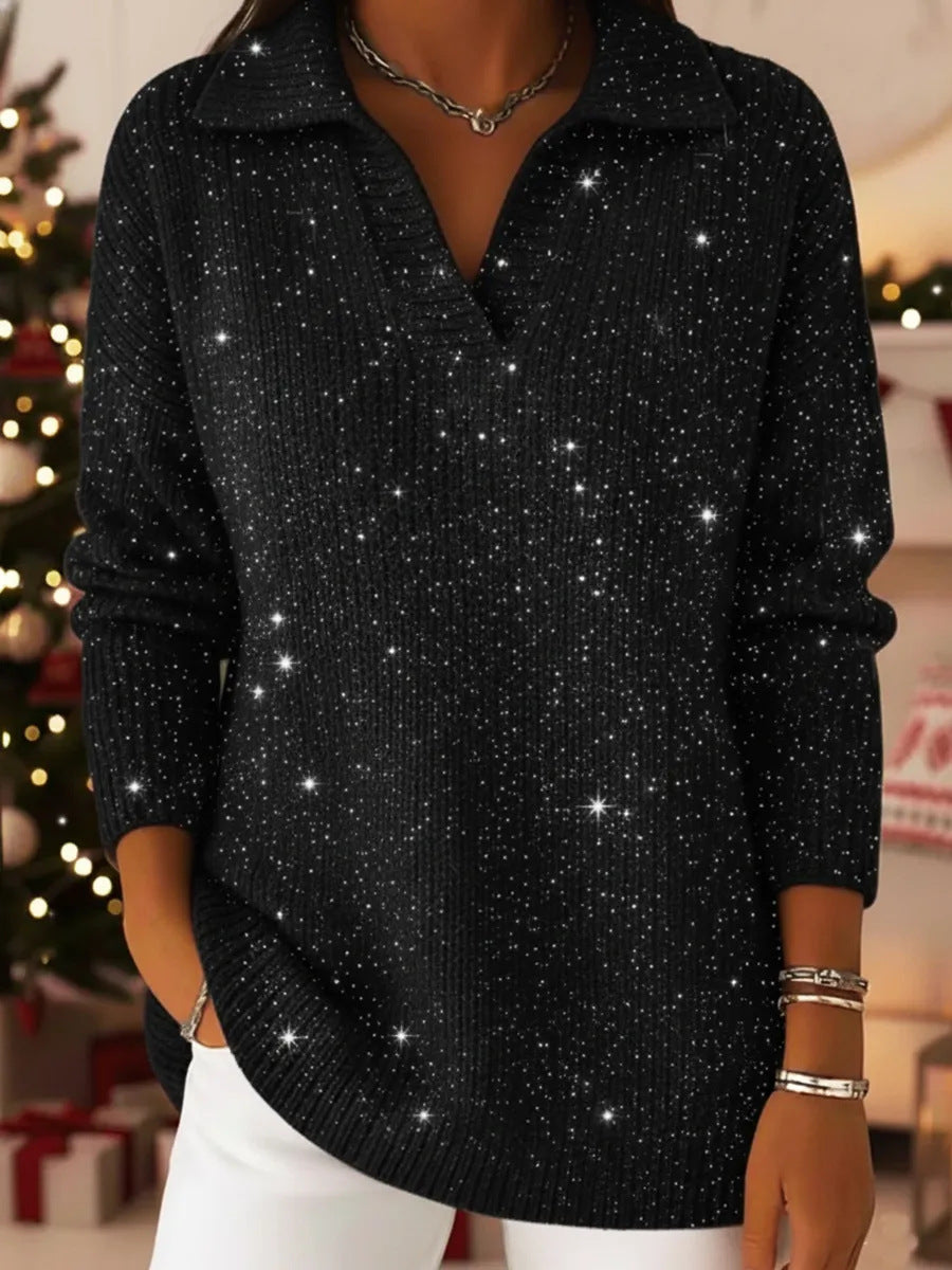 Women Elegant V-Pullover with Shiny Accents