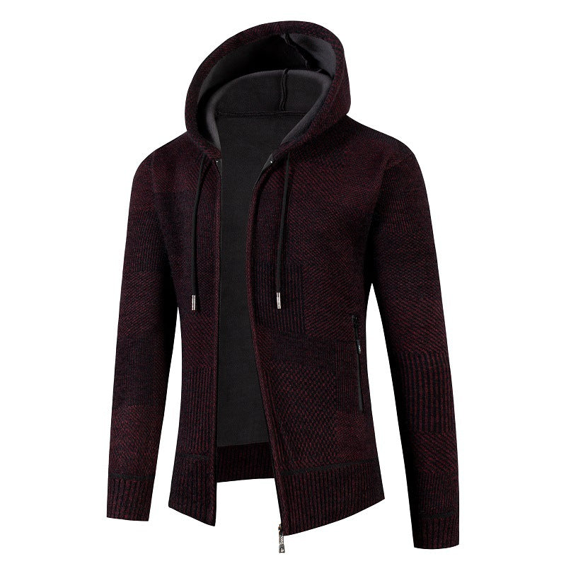 Men's Knit Hoodie Jacket with Full Zipper, Lined Hood and Structured Patchwork Look Mune Fashion