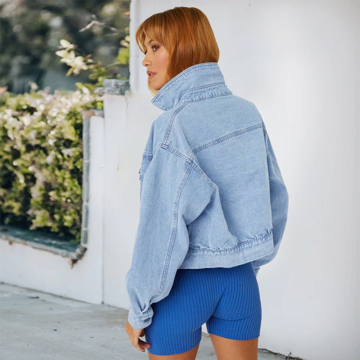 Women's Cropped Oversize Denim Jacket with Snap Button Front and Patch Chest Pockets Mune Fashion