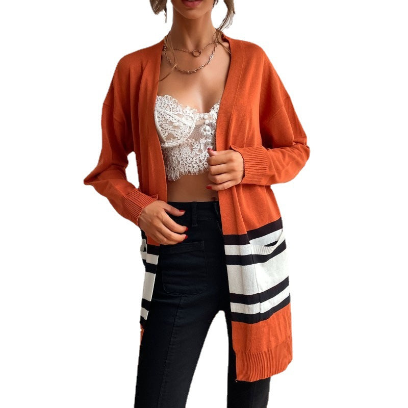 Women's mid-length open fine-knit cardigan with color block stripes and patch pockets Mune Fashion