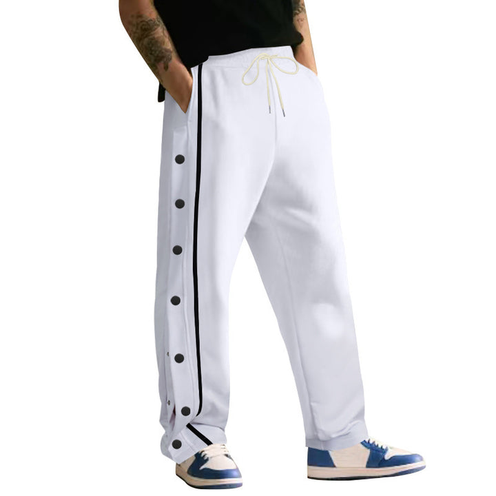 Men's wide training pants with side snap button placket, contrast stripes, elastic waistband, and straight leg Mune Fashion