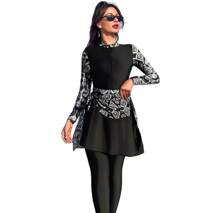 Women's Fashionable Swimsuit with Zip and Asymmetrical Skirt Mune Fashion