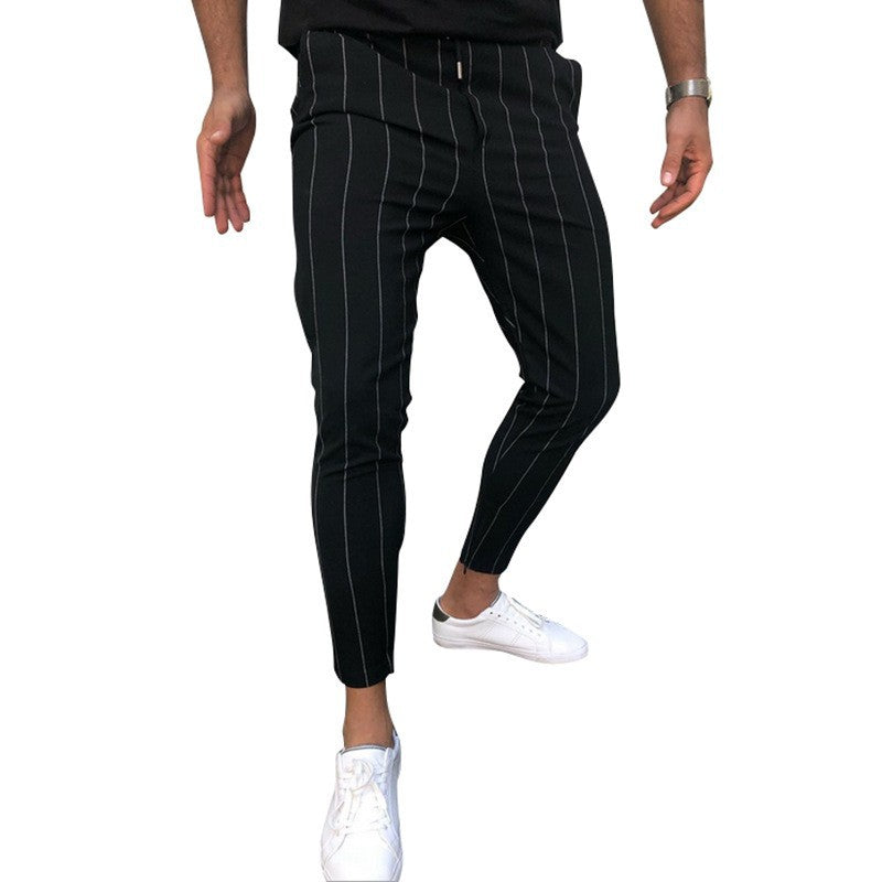 Men's Slim-Fit Cropped Chino Pants with Pinstripes and Elastic Waist Mune Fashion