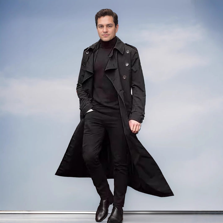 Men's Water-Repellent Long Trench Coat with Double Button Placket, Shoulder Epaulettes, and Adjustable Waist Belt Mune Fashion