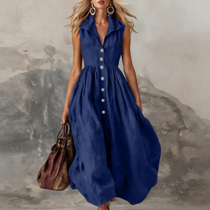 Women's Sleeveless Midi Dress with Button Placket, Gathered Waist and Ruffled Collar Mune Fashion