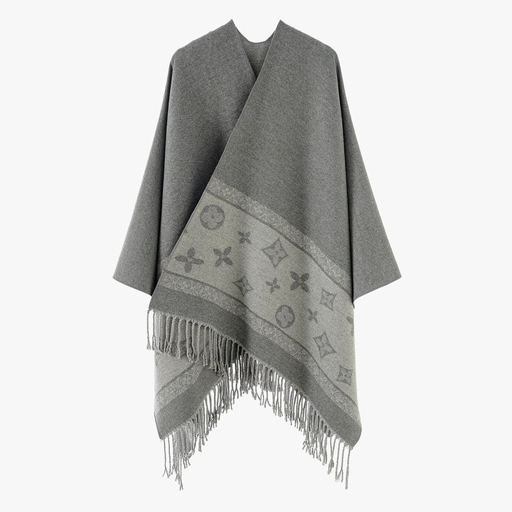 Women's Fringe Cape Poncho in Jacquard Wool Blend with Asymmetrical Pointed Hem Mune Fashion