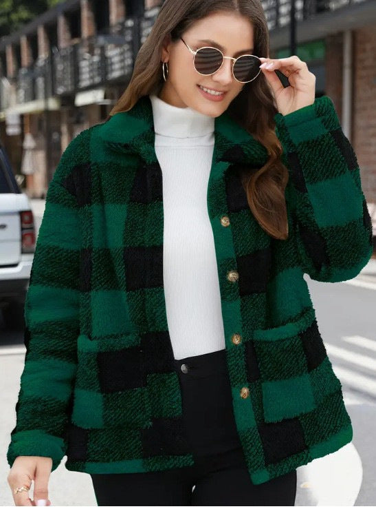 Ladies non-padded checkered teddy fleece shacket with button placket and patch pockets Mune Fashion