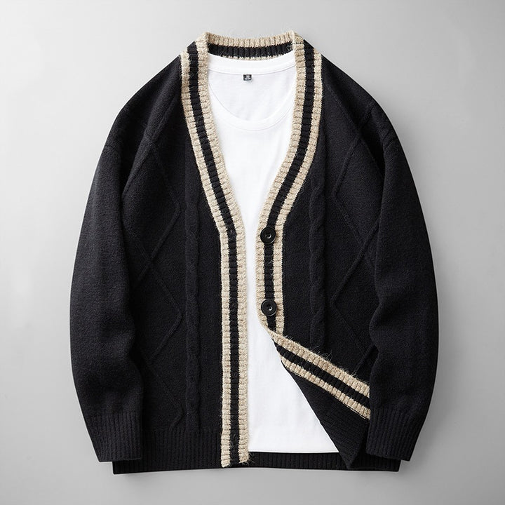 Men's knitted cardigan with cable pattern, V-neck and contrast edge Mune Fashion