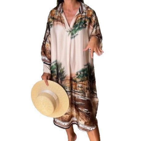 Women's blouse dress in silk look, kaftan style, with an illustrative coastal print Mune Fashion