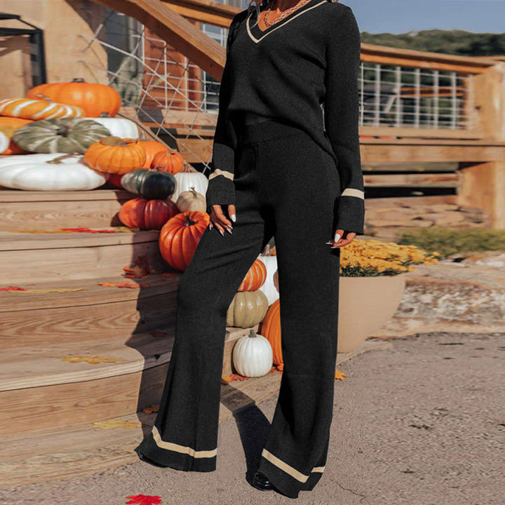 Women's Knit Relax Set with V-Neck and Wide Palazzo Pants Legs, Contrasting Cuffs Mune Fashion
