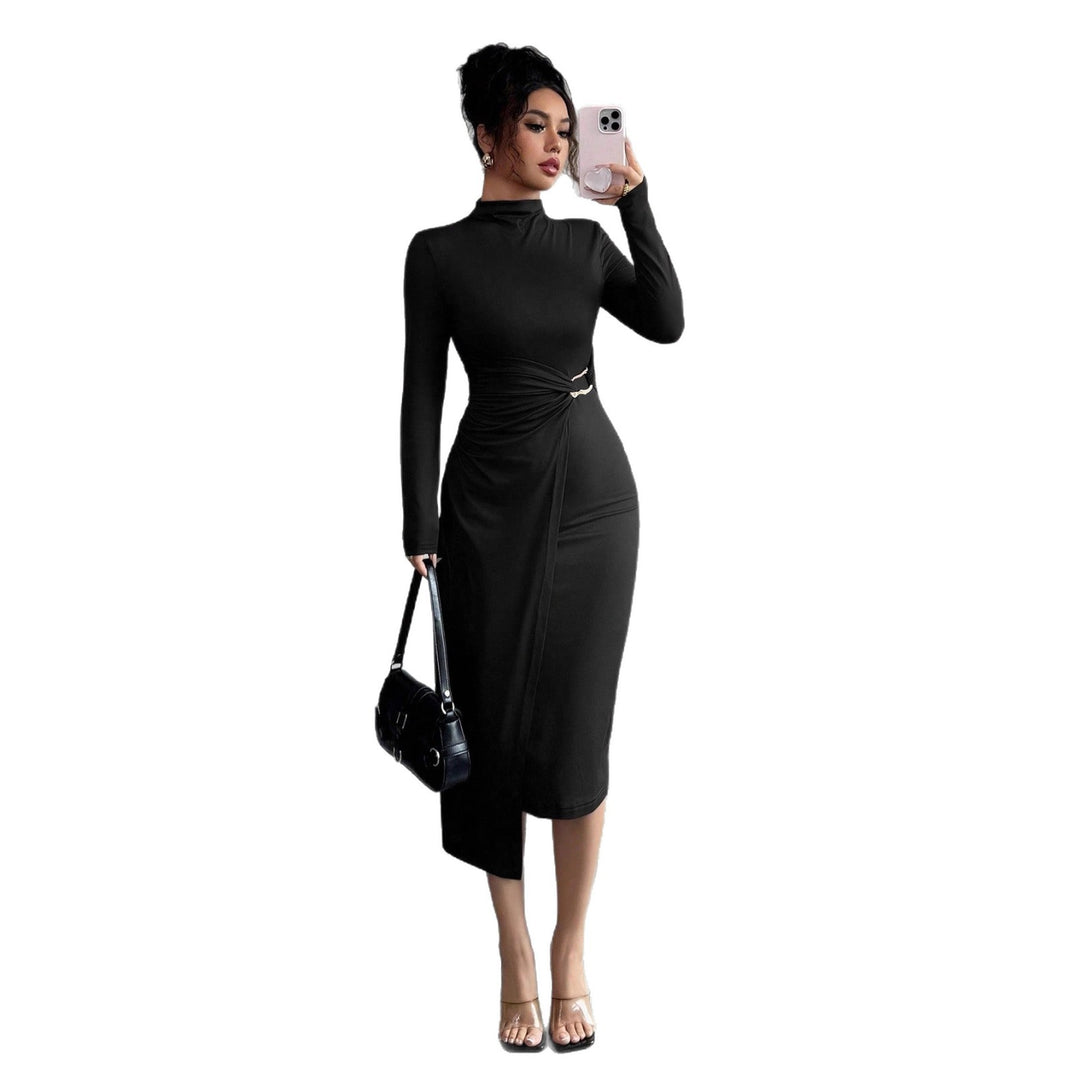 Ladies' figure-hugging midi dress with stand-up collar, waist gathering, and asymmetrical hem Mune Fashion