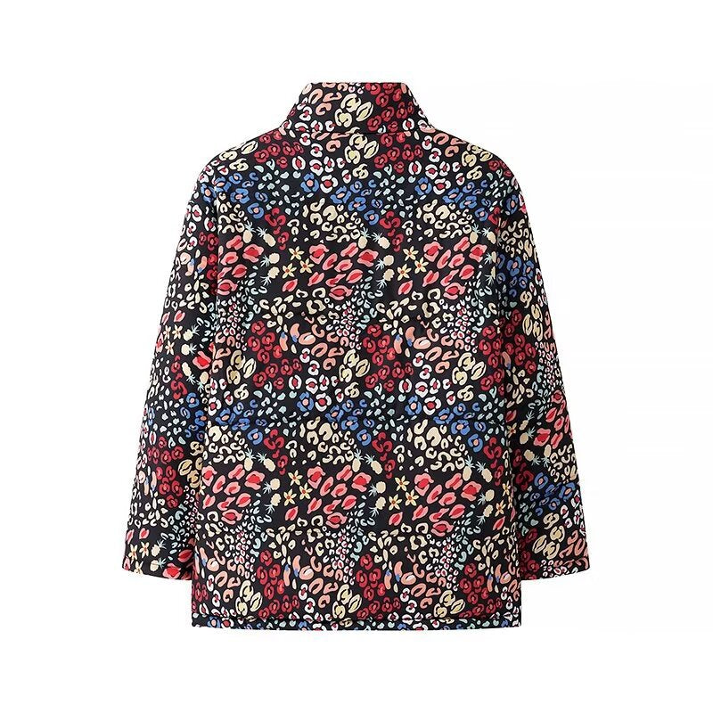 Women's patterned boxy short jacket with stand-up collar, concealed button placket, and 3/4 sleeves Mune Fashion