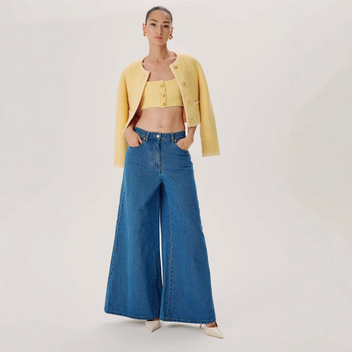 Women high-waisted Palazzo denim jeans with emphasized center seam and extra wide hem Mune Fashion