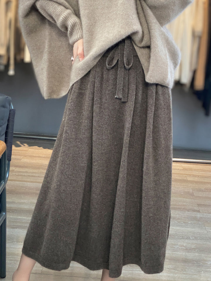 Women Mid-Length Cashmere-Look Knit Skirt with Pleats and Drawstring Mune Fashion