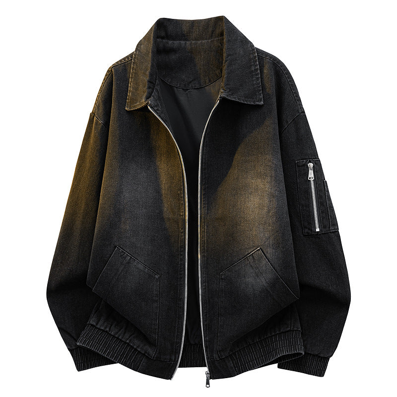 Men's Oversized Jeans-Bomber Jacket with Used Wash and Zip Arm Pocket Mune Fashion