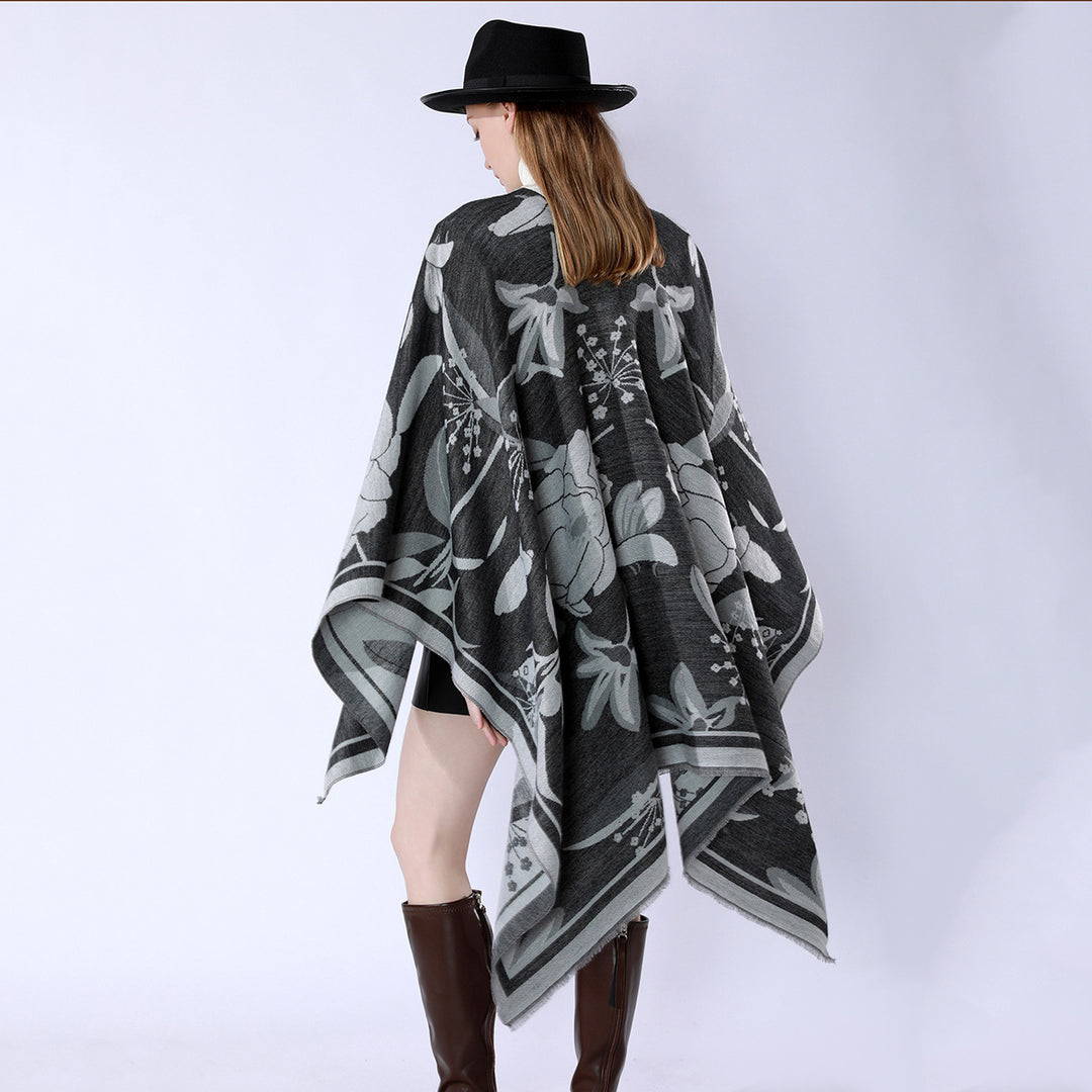 Women's floral jacquard overlay in a boxy kimono silhouette with fine fringe edge Mune Fashion