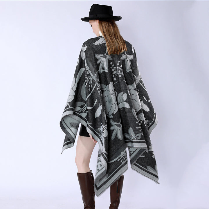 Women's floral jacquard overlay in a boxy kimono silhouette with fine fringe edge Mune Fashion
