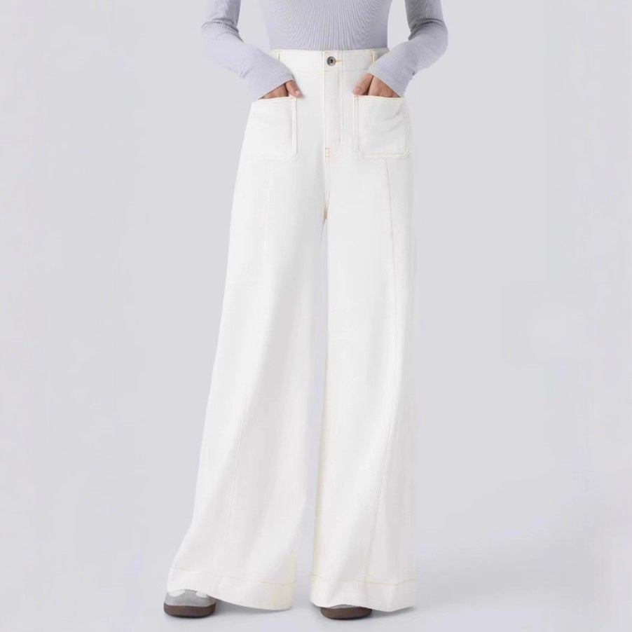 Women's high-waisted wide jeans pants with patch front pockets and vertical decorative seam Mune Fashion