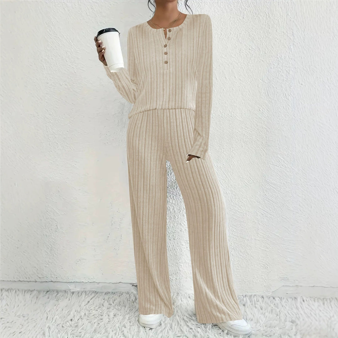 Women's Ribbed Comfort Two-Piece with Henley Top and Wide Palazzo Knit Pants Mune Fashion