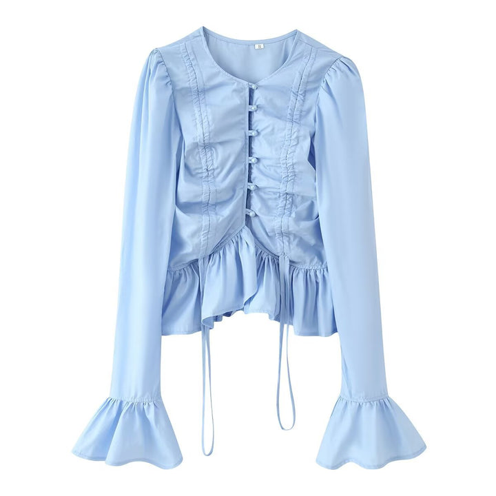 Ladies ruffle blouse with drawstring, flounce hem and bell sleeves Mune Fashion