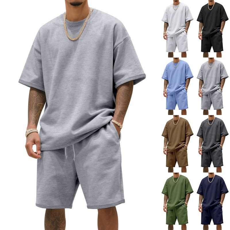 Men's relaxed jersey set with extended round neck t-shirt and elastic drawstring shorts Mune Fashion