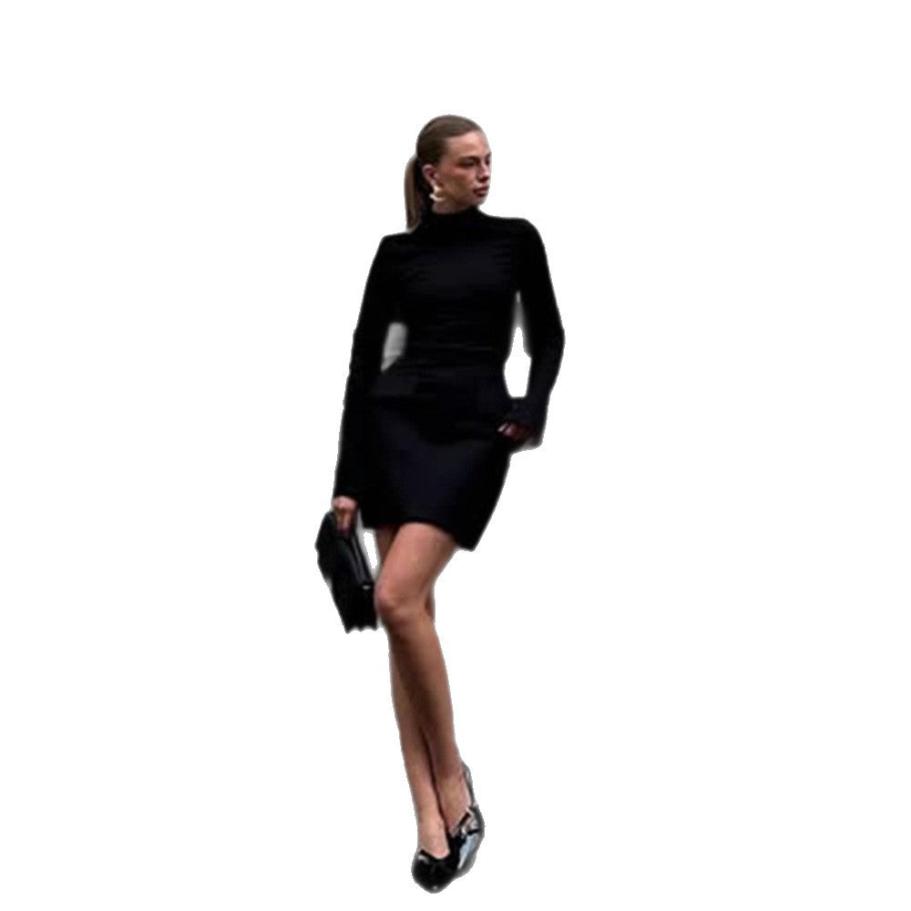 Women's Tailored Mini Dress with Stand Collar, Long Sleeves & Peplum Mune Fashion